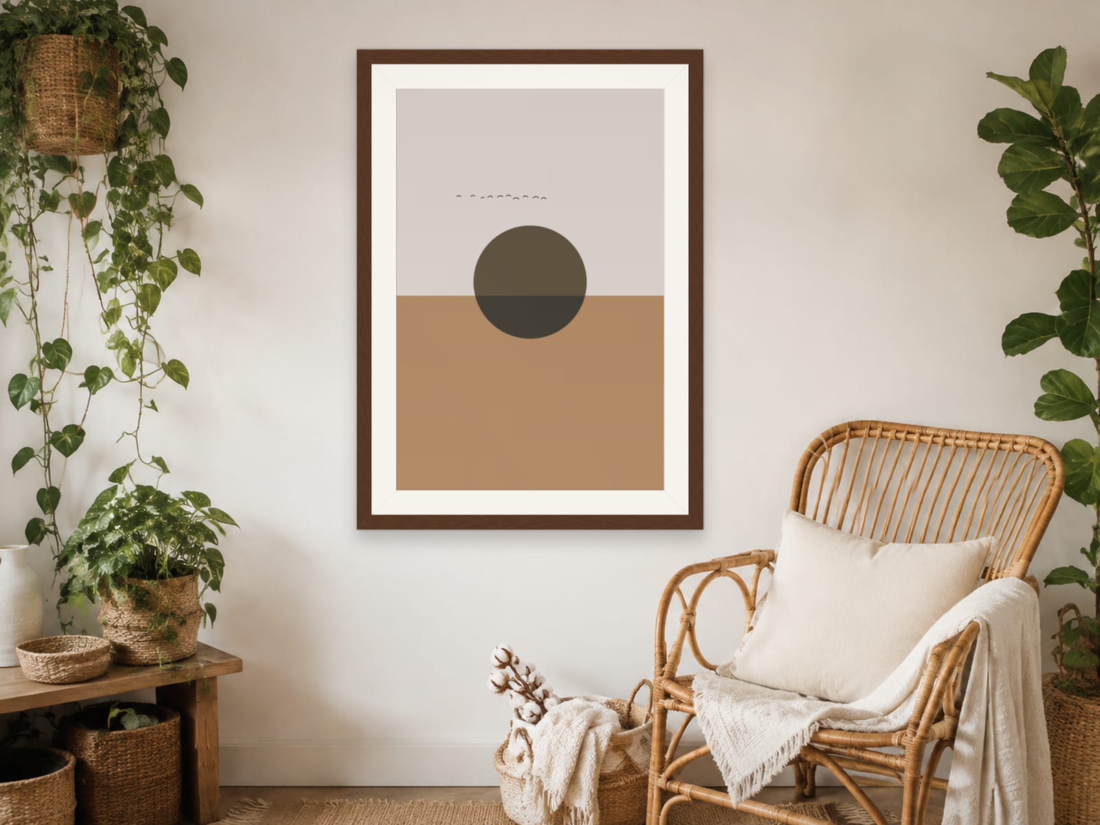 Boho Ochre No. 002, terracotta and dusty pink boho sunset print with an olive-brown sun, in a walnut frame, styled in a boho bedroom