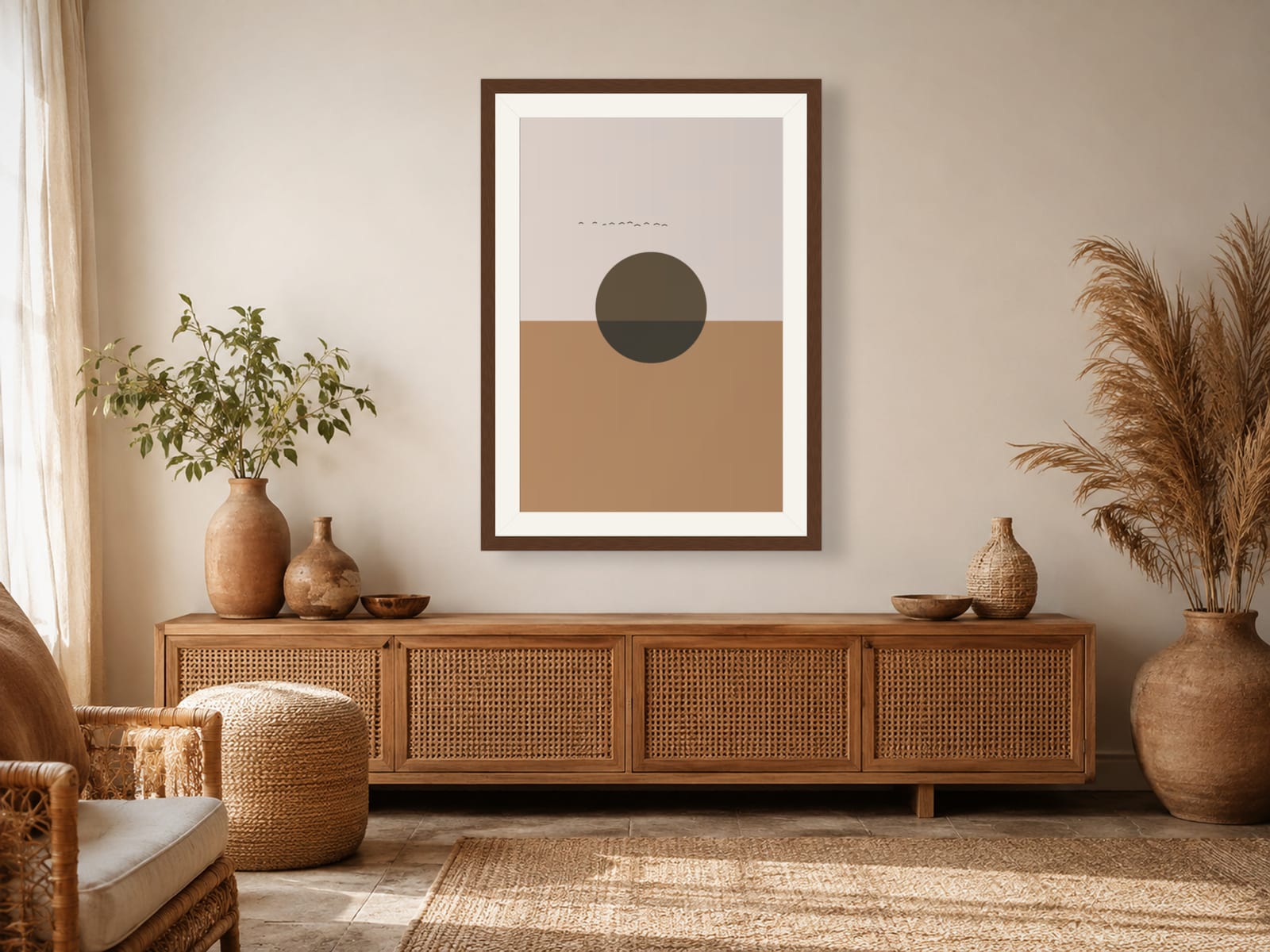 Boho Ochre No. 002, terracotta and dusty pink boho sunset print with an olive-brown sun, in a walnut frame, on a boho bedroom wall
