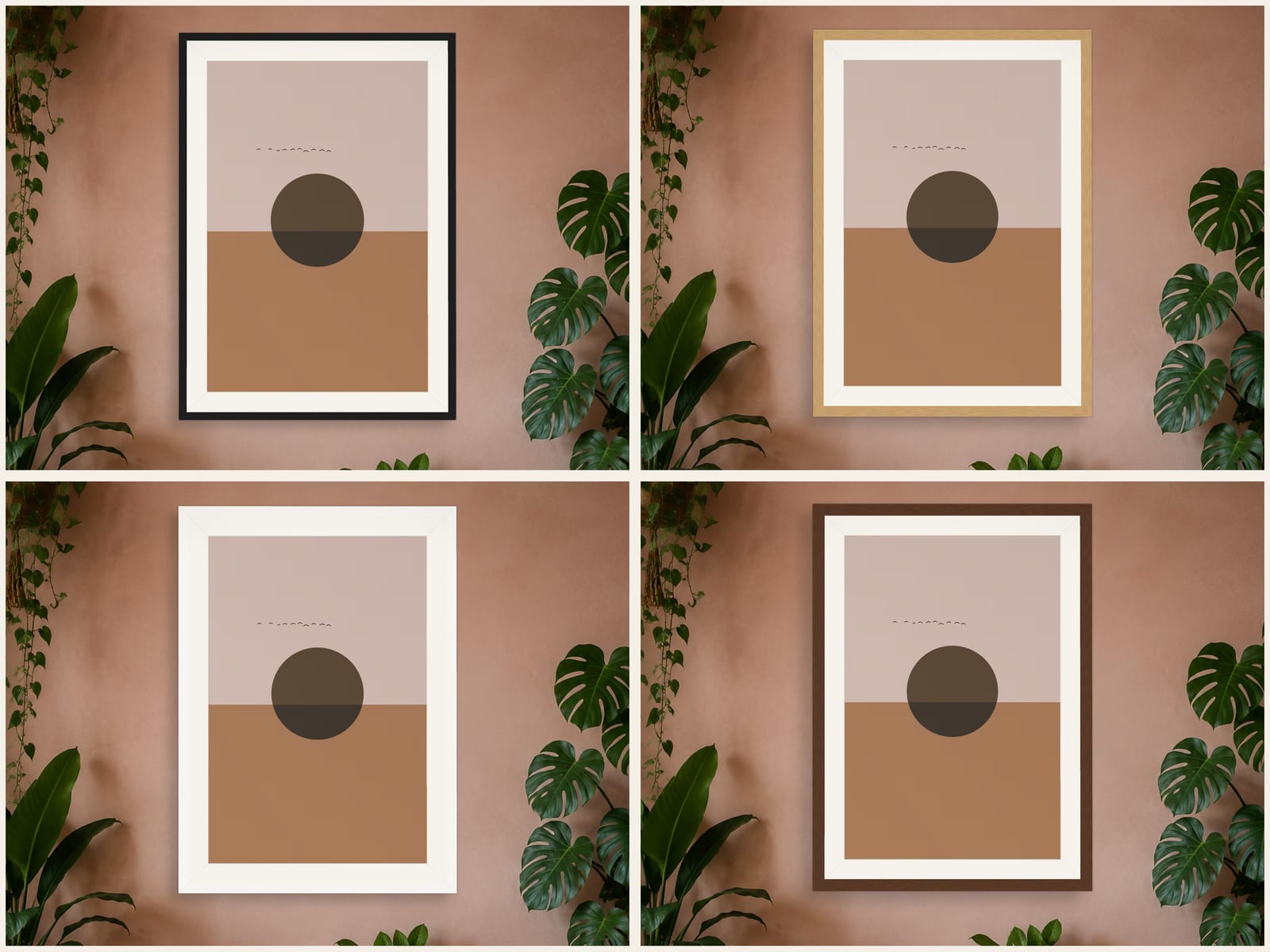 Boho Ochre No. 002, terracotta and dusty pink boho sunset print with an olive-brown sun, shown in four frame styles, hanging in a boho bedroom