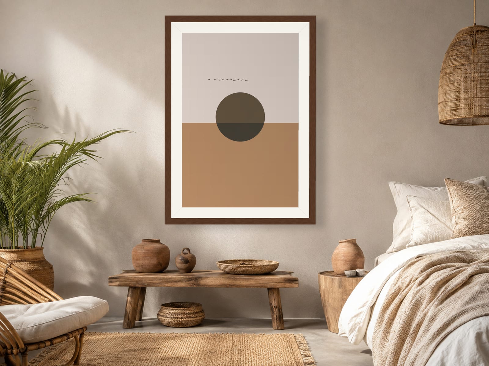 Boho Ochre No. 002, terracotta and dusty pink boho sunset print with an olive-brown sun, in a walnut frame, hanging in a boho bedroom