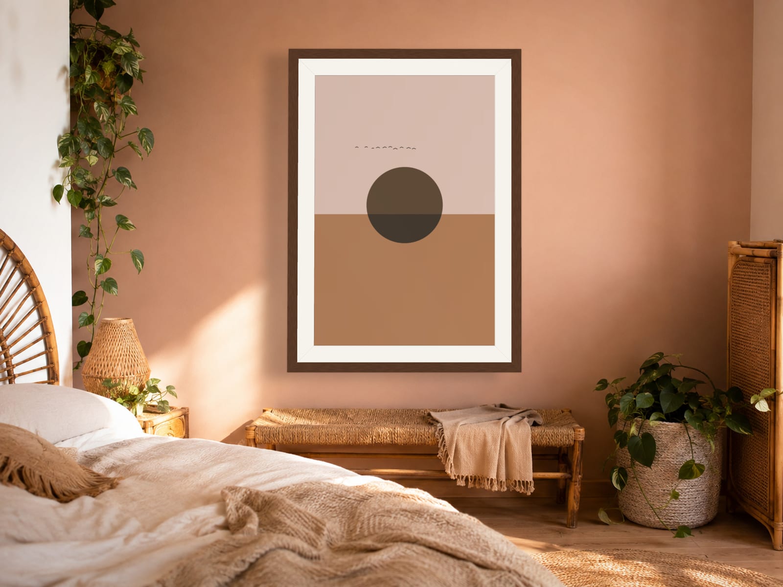 Boho Ochre No. 002, terracotta and dusty pink boho sunset print with an olive-brown sun, in a walnut frame, on a boho bedroom wall