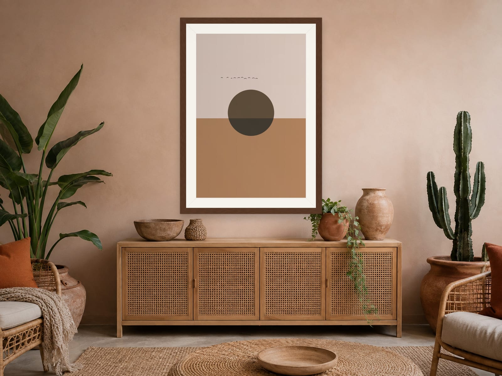Boho Ochre No. 002, terracotta and dusty pink boho sunset print with an olive-brown sun, in a walnut frame, hanging in a boho bedroom
