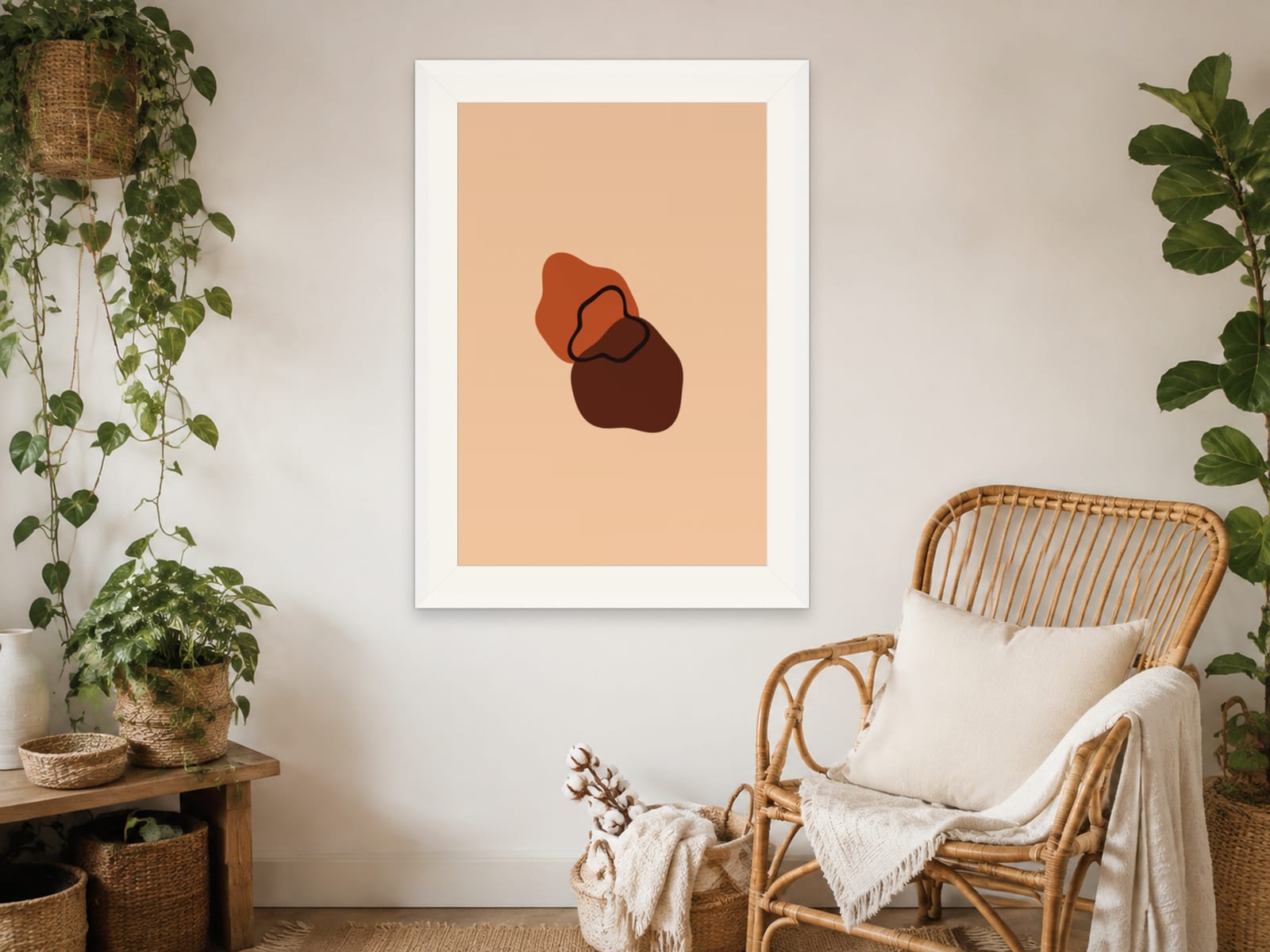 Boho Ochre No. 003, orange and peach boho composed silhouettes wall art print in a white frame, styled in a boho bedroom
