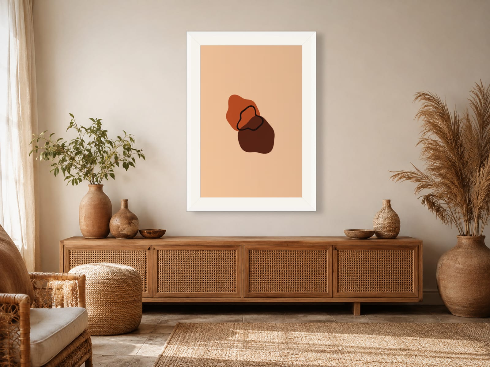 Boho Ochre No. 003, orange and peach boho composed silhouettes wall art print in a white frame, on a boho bedroom wall