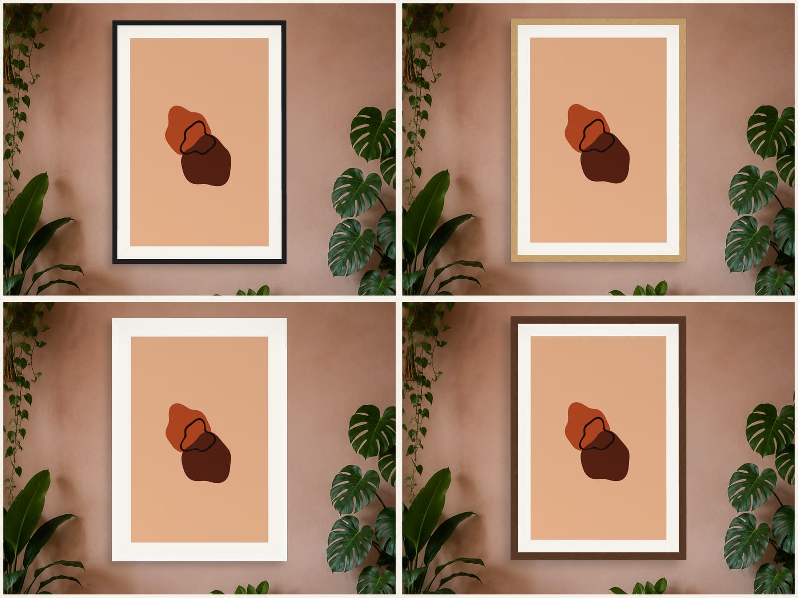 Boho Ochre No. 003, orange and peach boho composed silhouettes wall art print, shown in four frame styles, hanging in a boho bedroom