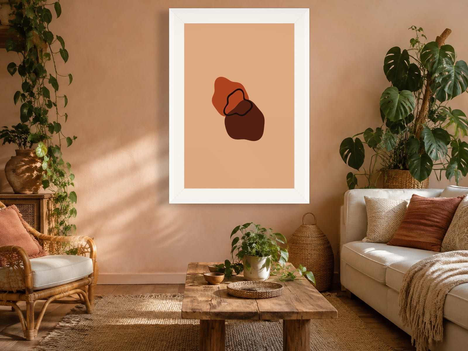 Boho Ochre No. 003, orange and peach boho composed silhouettes wall art print in a white frame, styled in a boho bedroom