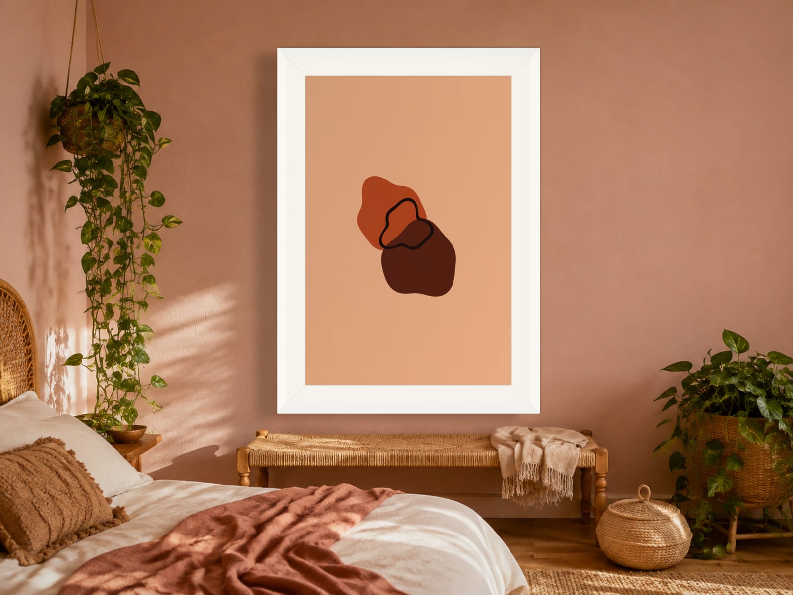 Boho Ochre No. 003, orange and peach boho composed silhouettes wall art print in a white frame, on a boho bedroom wall