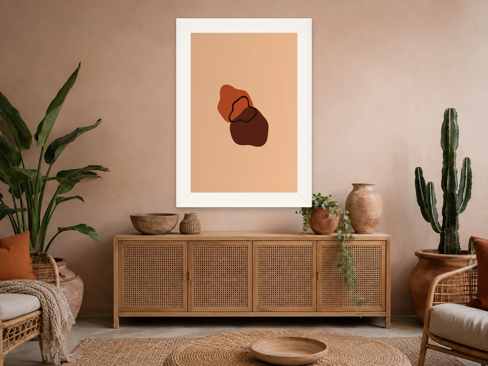 Boho Ochre No. 003, orange and peach boho composed silhouettes wall art print in a white frame, hanging in a boho bedroom