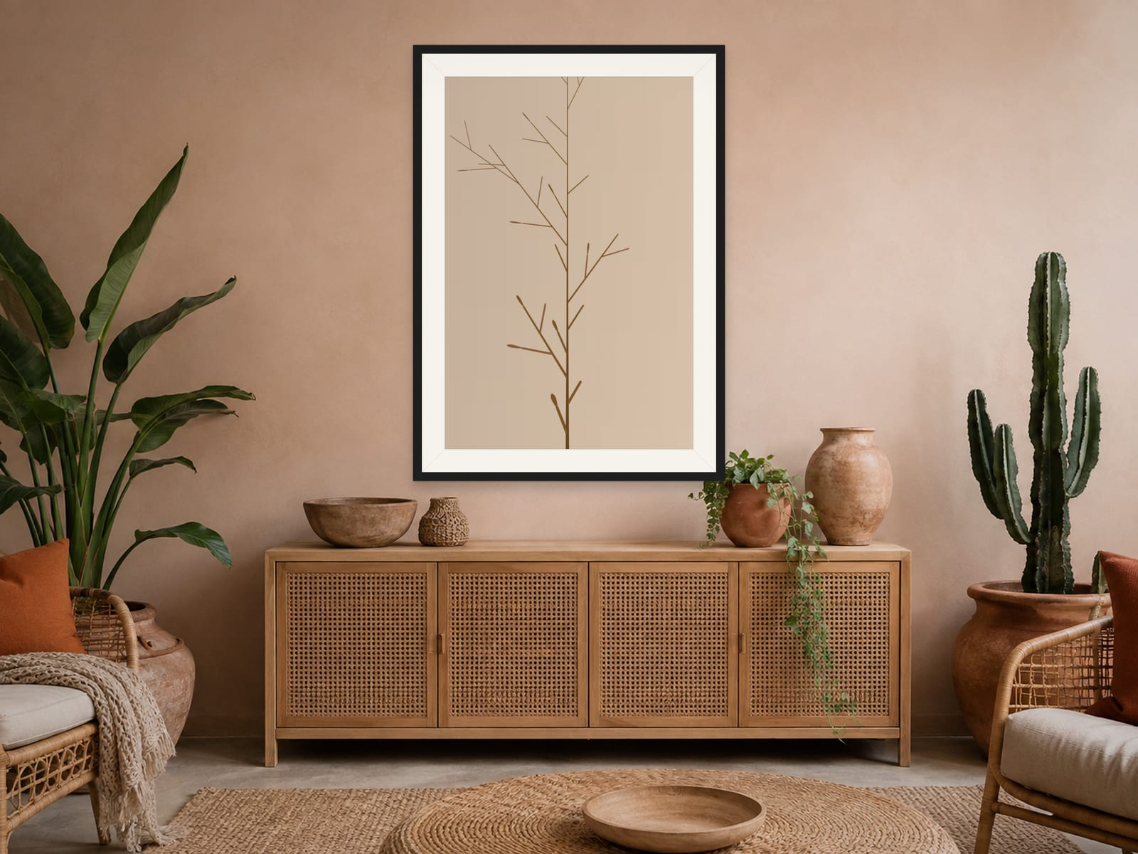 Ochre-brown botanical branch line art print on a beige ground, in a thin black frame, hanging in a boho-styled living room.