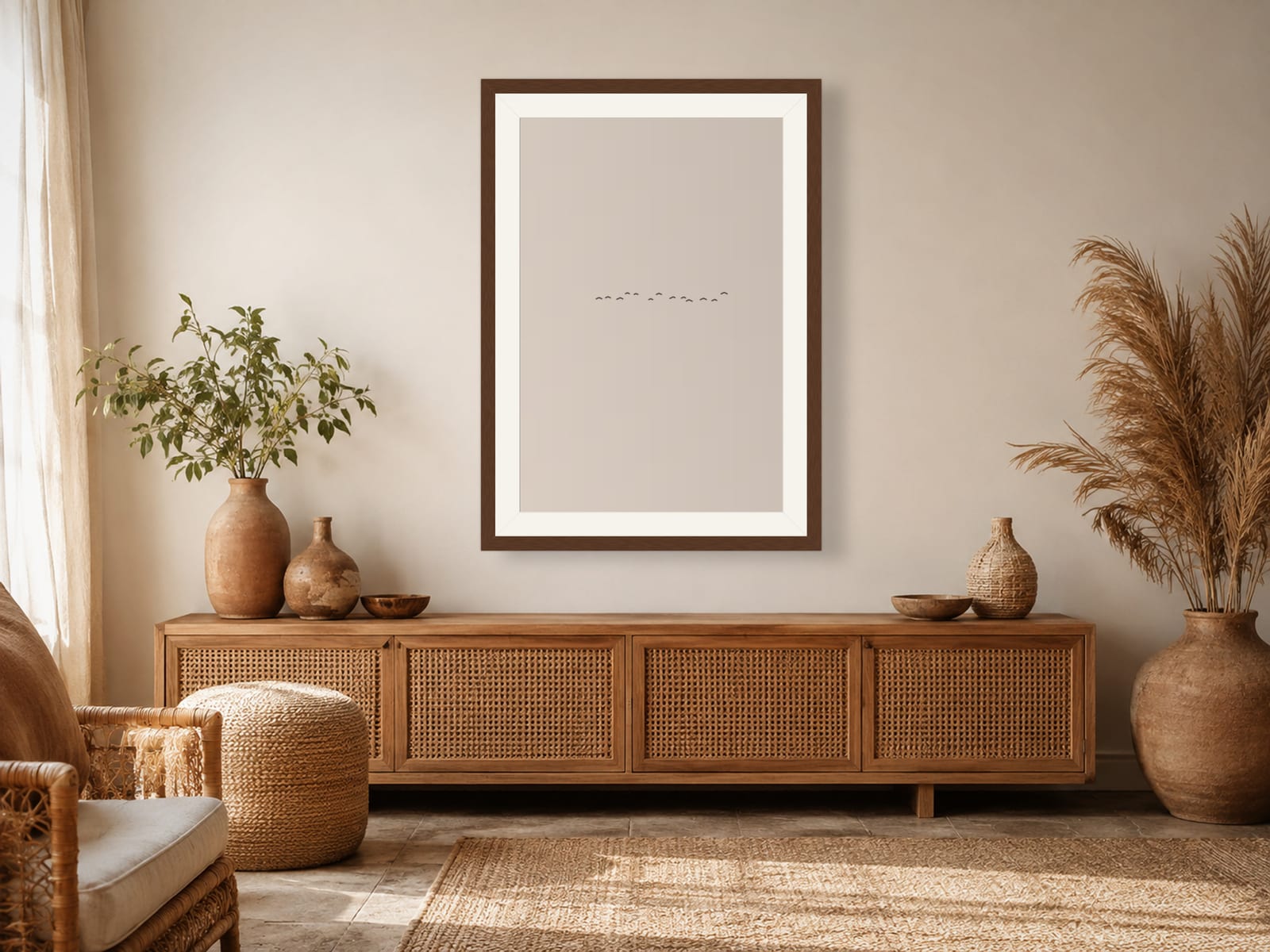 Boho Ochre No. 005, neutral minimalist composed silhouettes wall art print in a walnut frame, styled in a boho bedroom