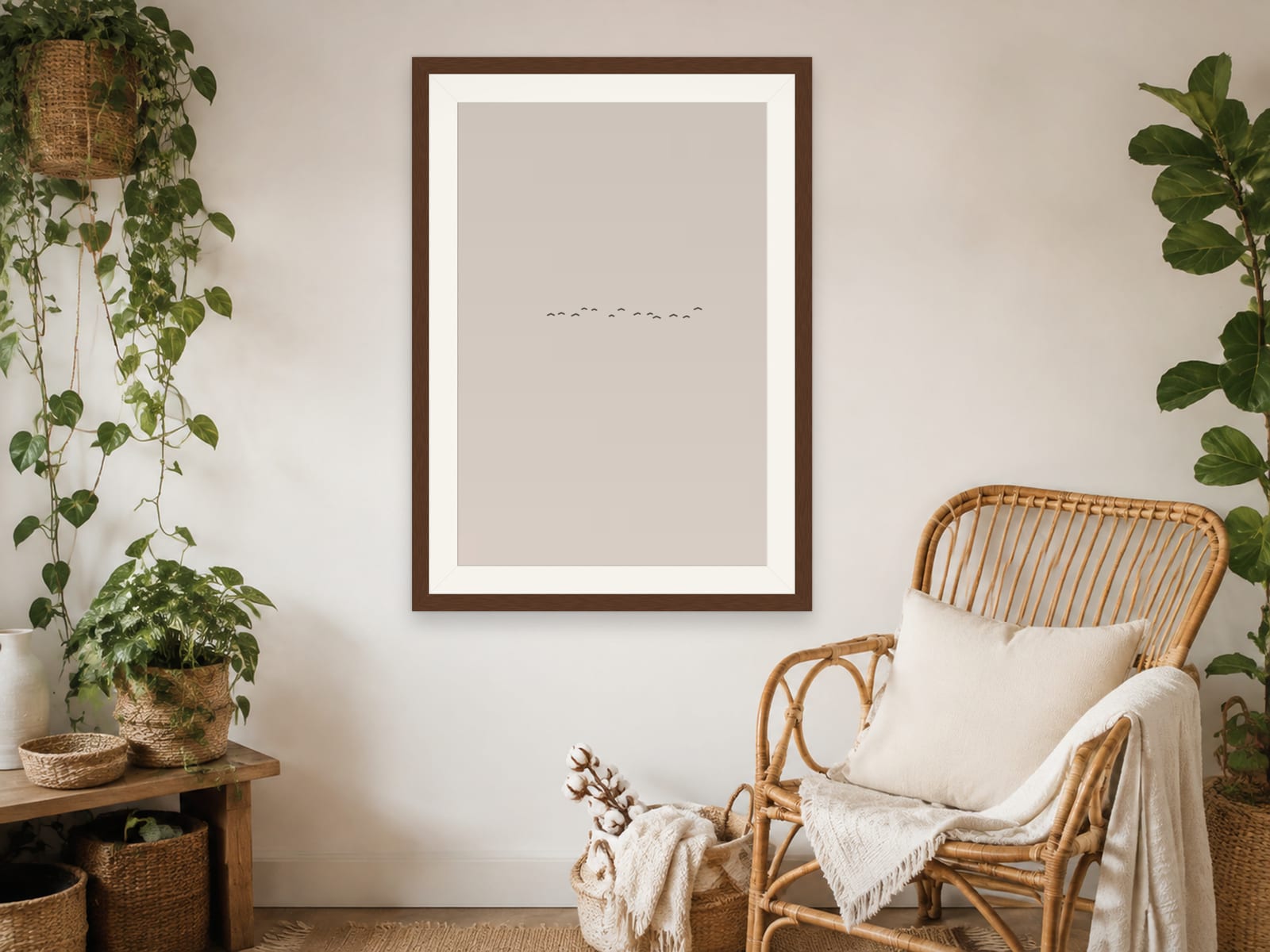 Boho Ochre No. 005, neutral minimalist composed silhouettes wall art print in a walnut frame, styled in a boho bedroom