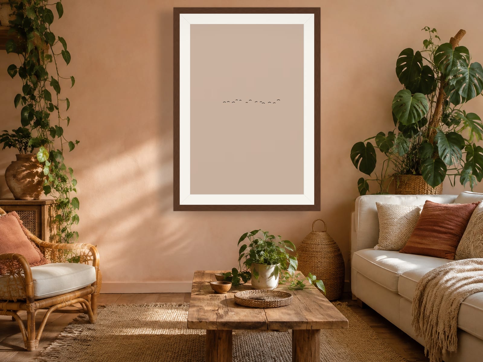 Boho Ochre No. 005, neutral minimalist composed silhouettes wall art print in a walnut frame, styled in a boho bedroom
