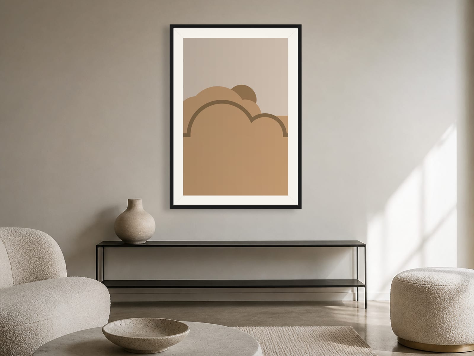 Boho Ochre No. 011, tan and beige boho composed silhouettes wall art print in a thin black frame, styled in a modern minimalist living room