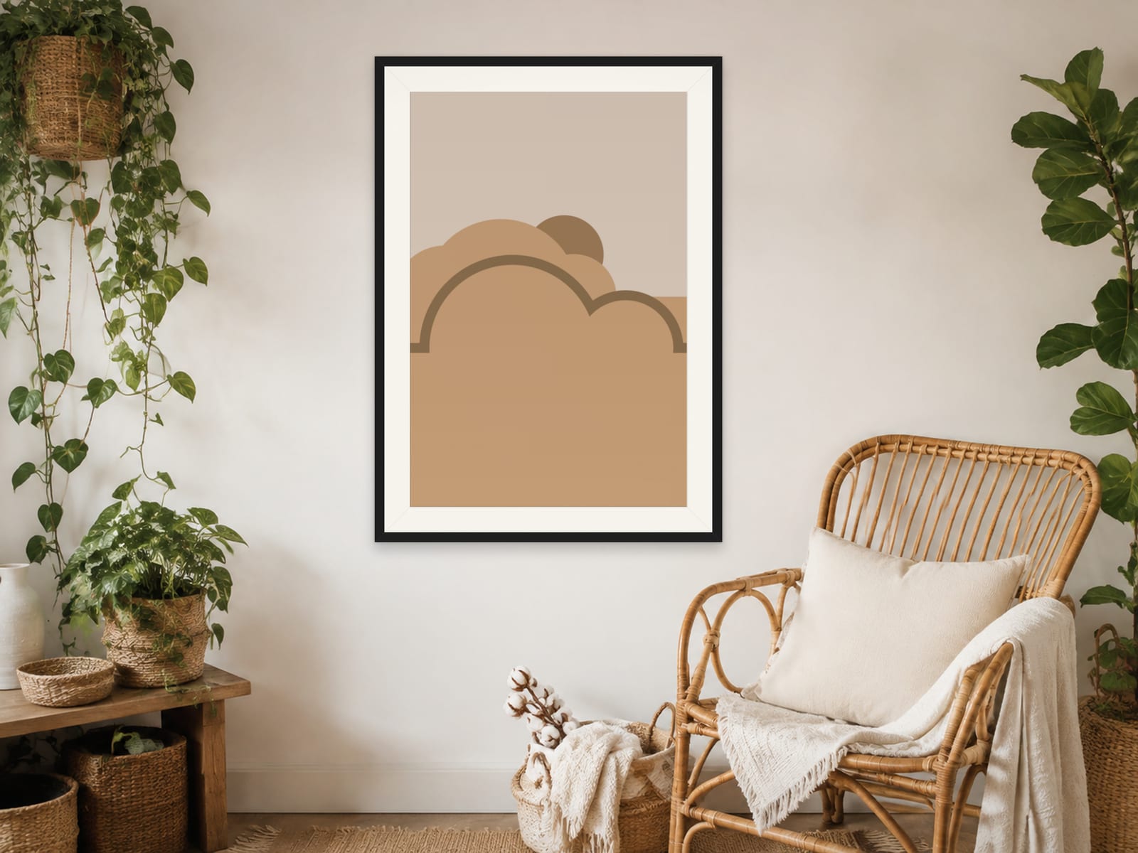 Boho Ochre No. 011, tan and beige boho composed silhouettes wall art print in a thin black frame, styled in a boho bedroom