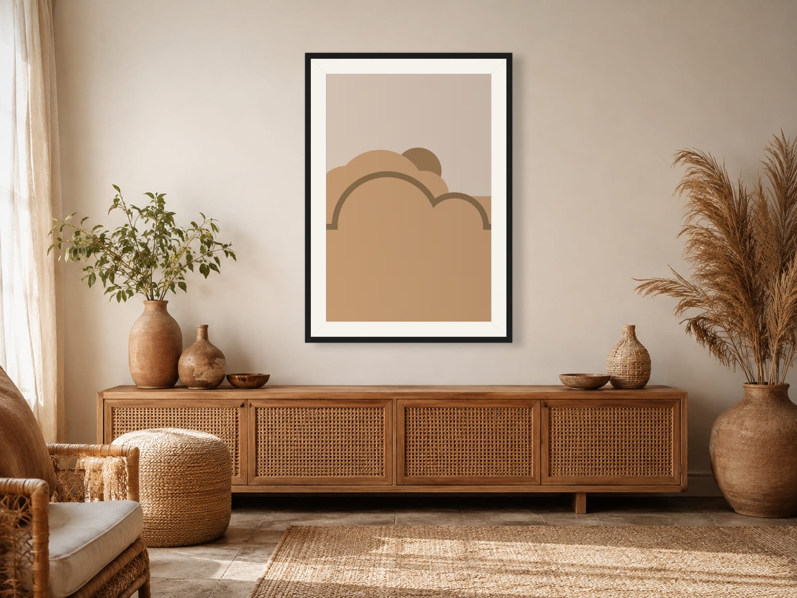 Boho Ochre No. 011, tan and beige boho composed silhouettes wall art print in a thin black frame, on a boho bedroom wall