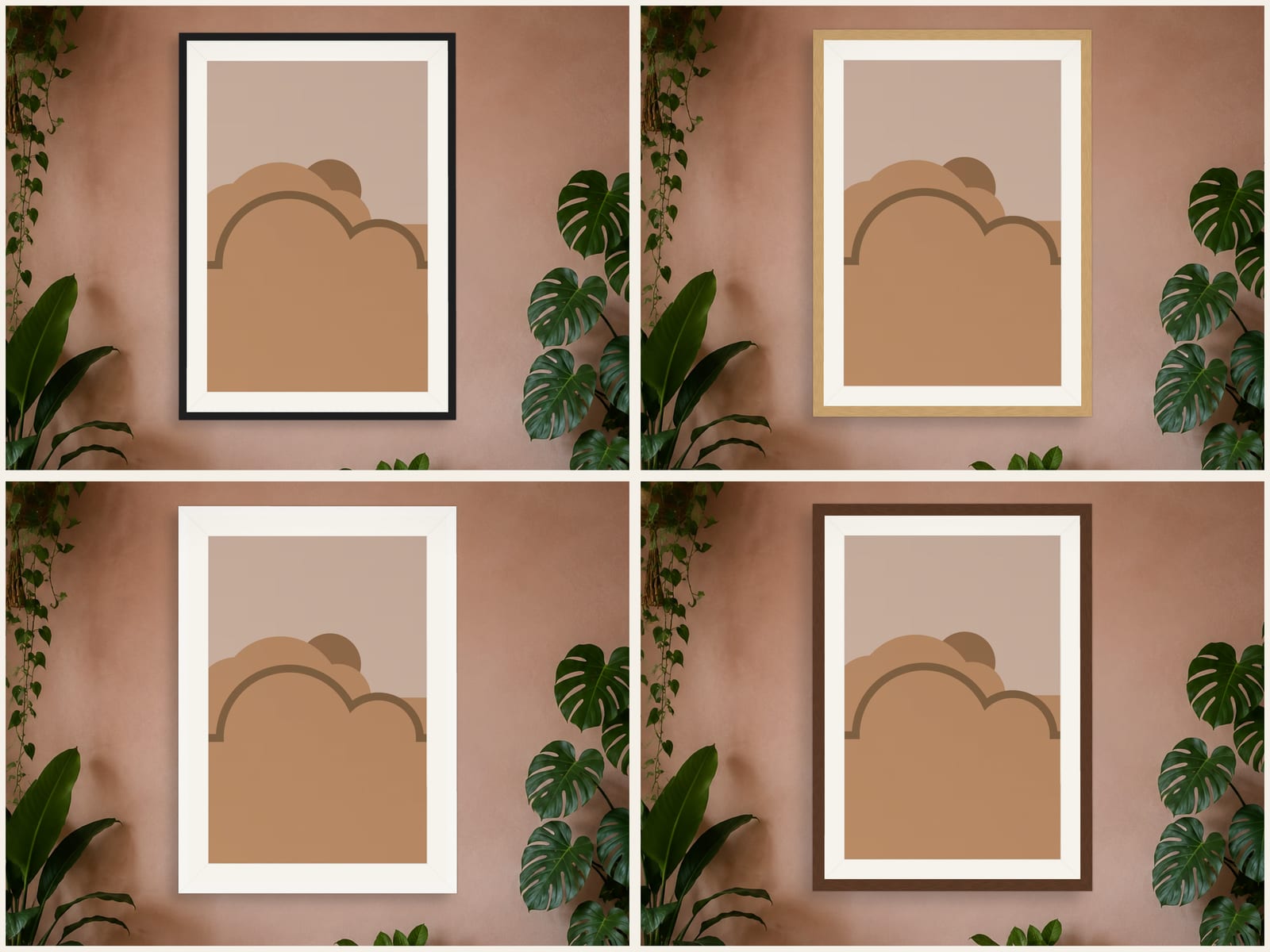 Boho Ochre No. 011, tan and beige boho composed silhouettes wall art print, shown in four frame styles, hanging in a boho bedroom
