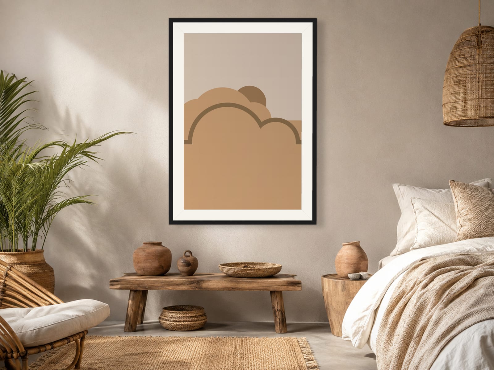 Boho Ochre No. 011, tan and beige boho composed silhouettes wall art print in a thin black frame, hanging in a boho bedroom