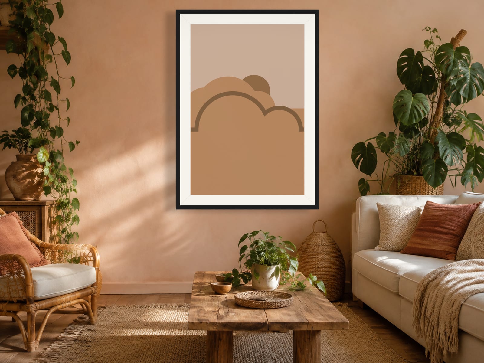 Boho Ochre No. 011, tan and beige boho composed silhouettes wall art print in a thin black frame, styled in a boho bedroom