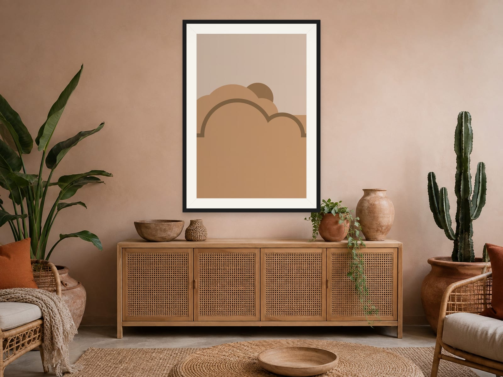 Boho Ochre No. 011, tan and beige boho composed silhouettes wall art print in a thin black frame, hanging in a boho bedroom