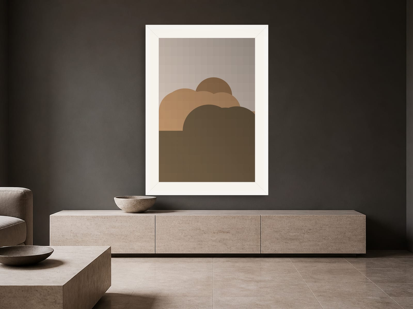 Boho Ochre No. 012, camel and olive boho composed silhouettes wall art print in a white frame, styled in a modern minimalist living room