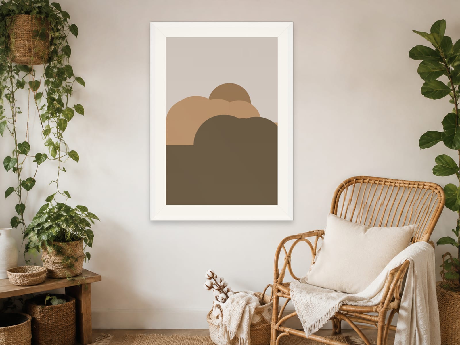 Boho Ochre No. 012, camel and olive boho composed silhouettes wall art print in a white frame, styled in a modern minimalist living room