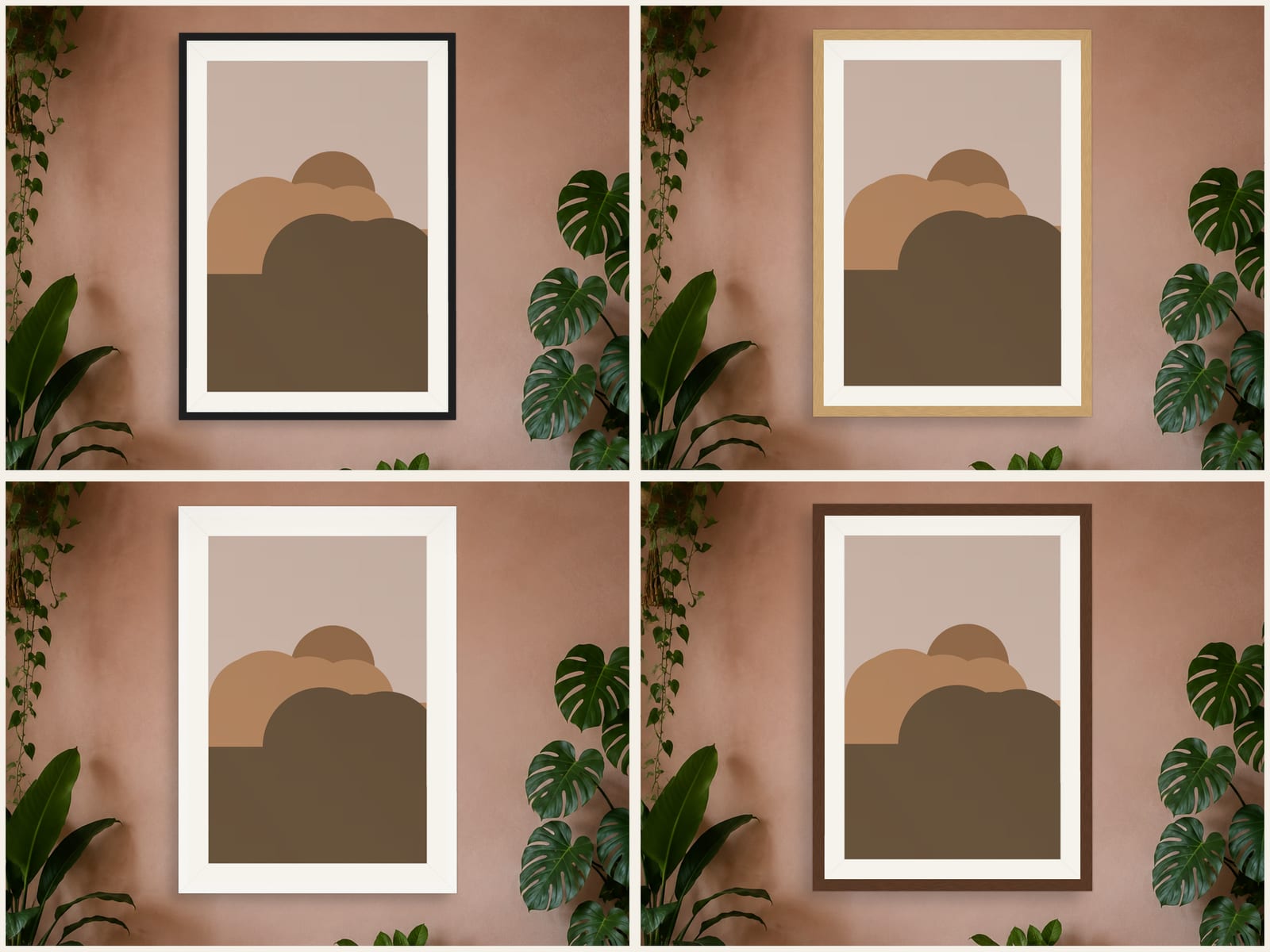 Boho Ochre No. 012, camel and olive boho composed silhouettes wall art print, shown in four frame styles, hanging in a modern minimalist room