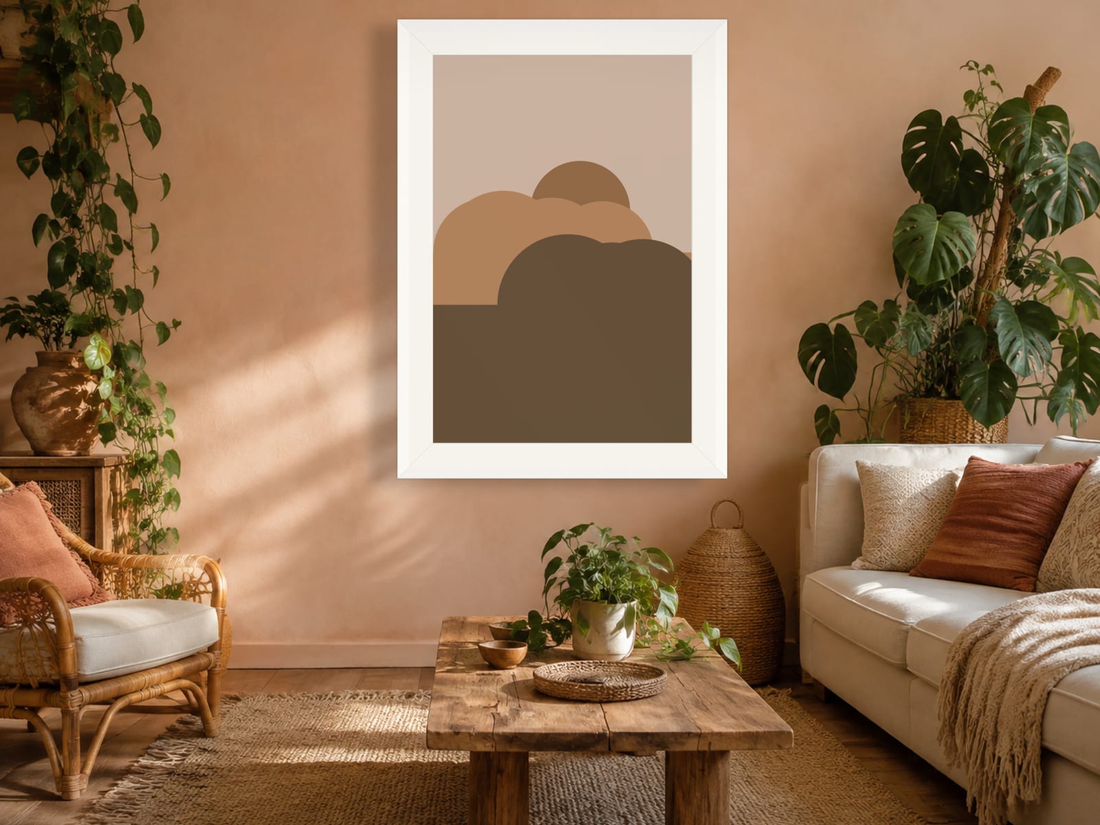 Boho Ochre No. 012, camel and olive boho composed silhouettes wall art print in a white frame, styled in a modern minimalist living room