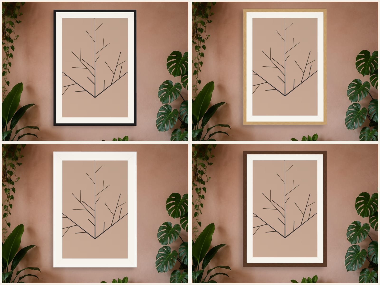 Boho Ochre No. 013, neutral charcoal branch line art print, shown in four frame styles, hanging on a bedroom wall
