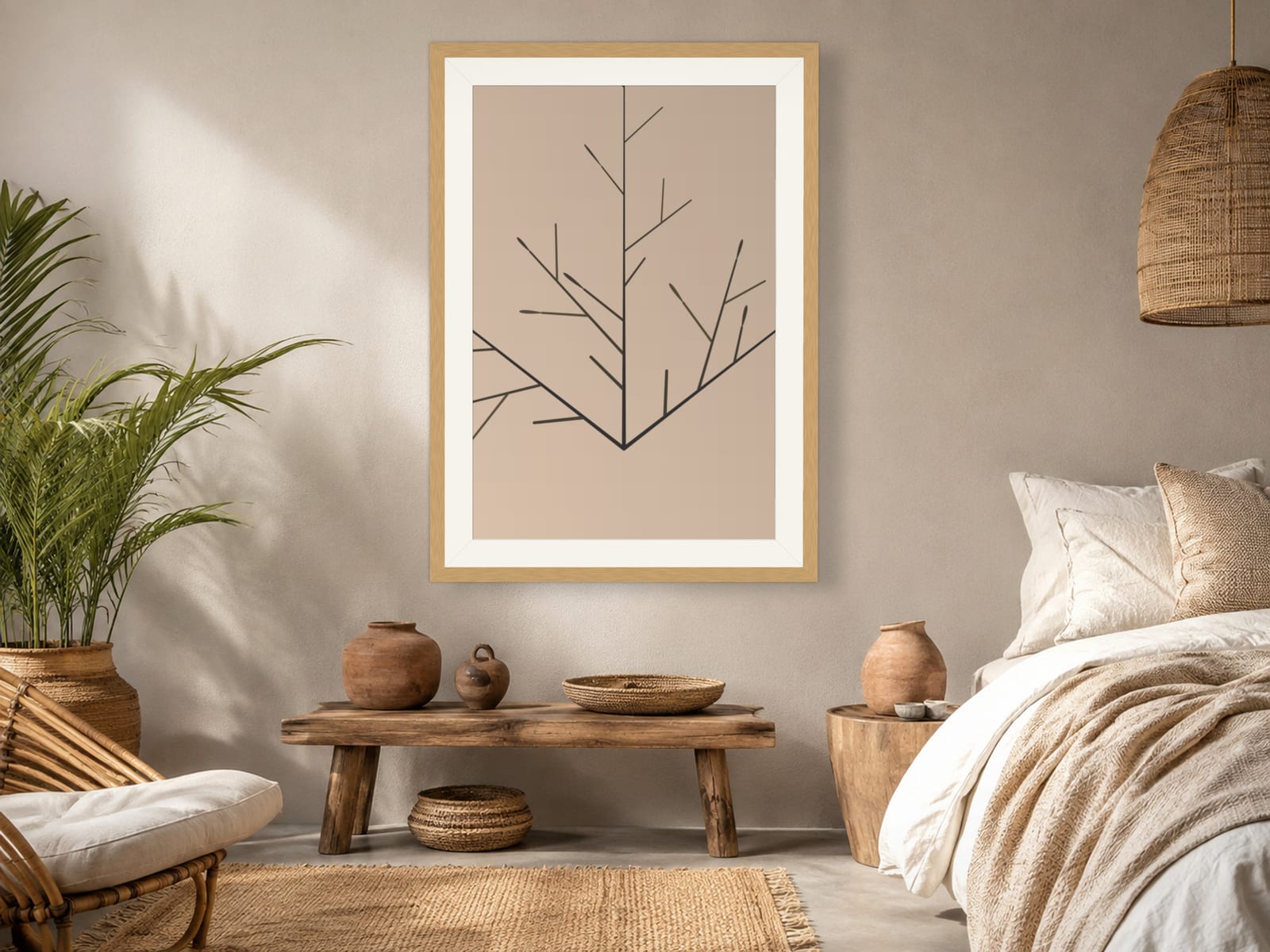 Boho Ochre No. 013, neutral charcoal branch line art print in a natural oak frame, hanging in a bedroom