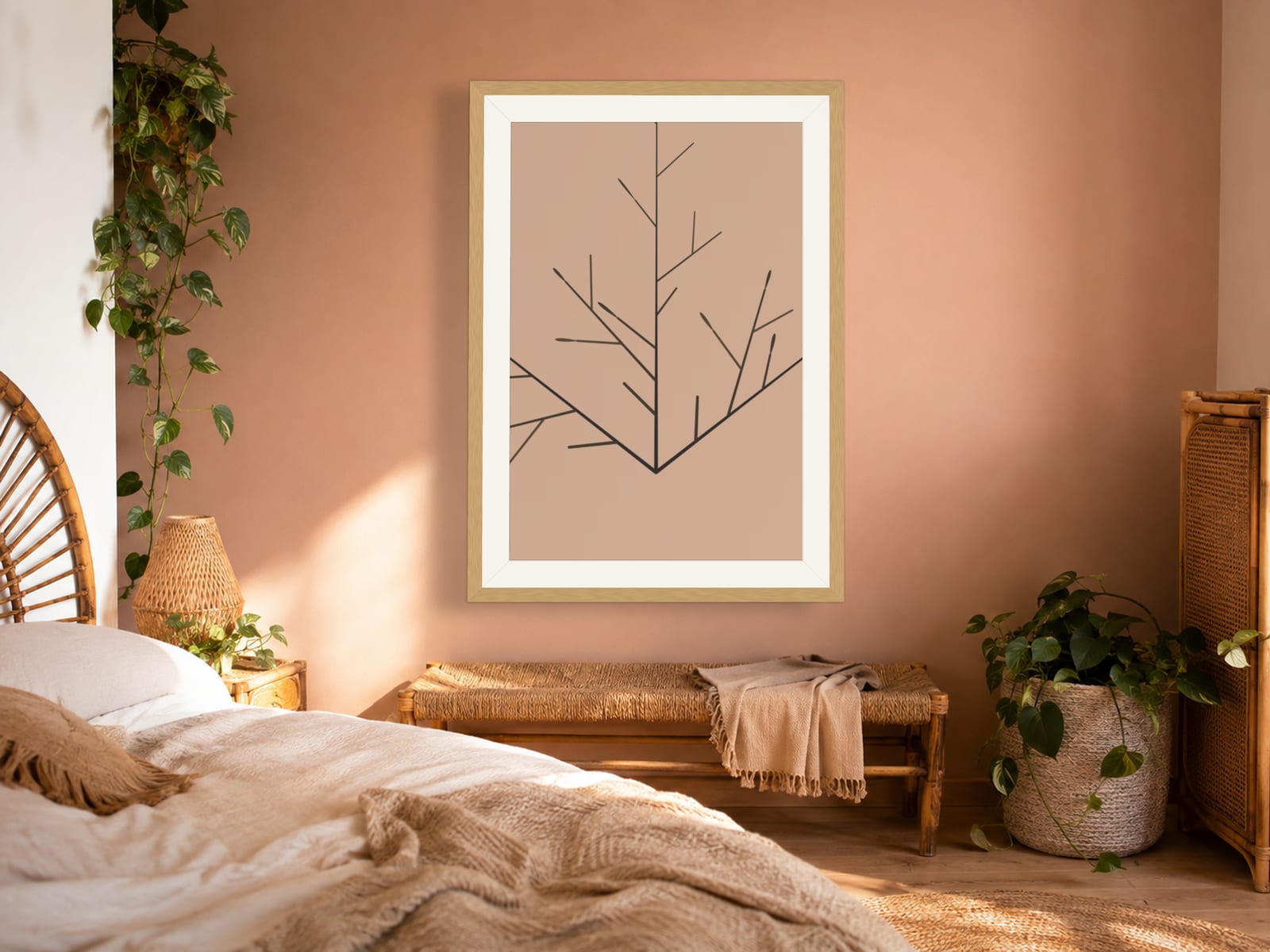 Boho Ochre No. 013, neutral charcoal branch line art print in a natural oak frame, on a bedroom wall