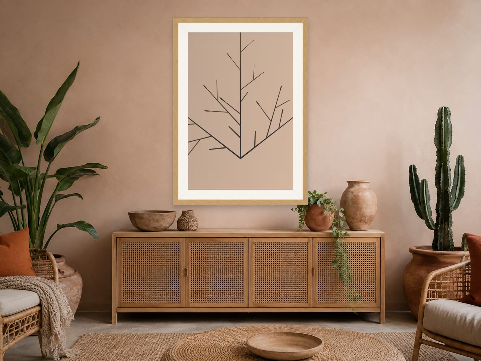 Boho Ochre No. 013, neutral charcoal branch line art print in a natural oak frame, hanging in a bedroom