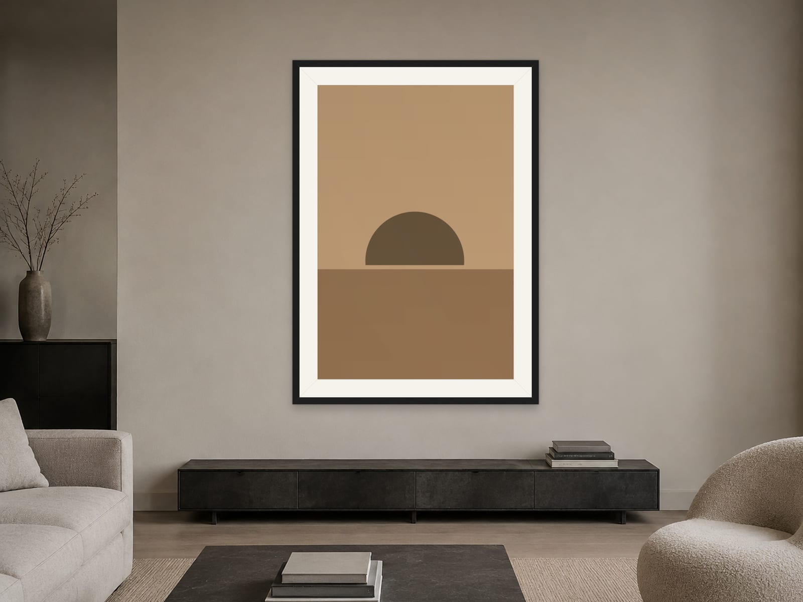 Boho Ochre No. 014, camel boho sun arc silhouette wall art print in a thin black frame, styled in a modern minimalist living room