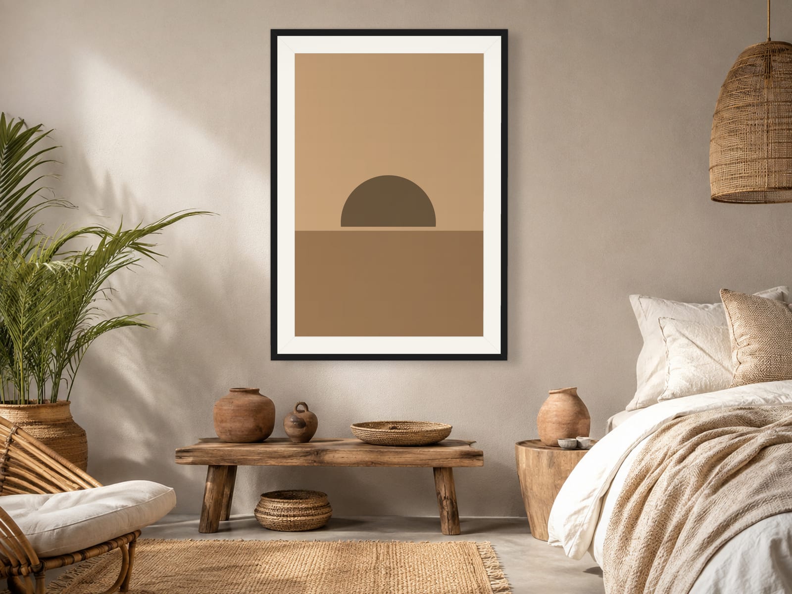 Boho Ochre No. 014, camel boho sun arc silhouette wall art print in a thin black frame, hanging in a modern minimalist bedroom