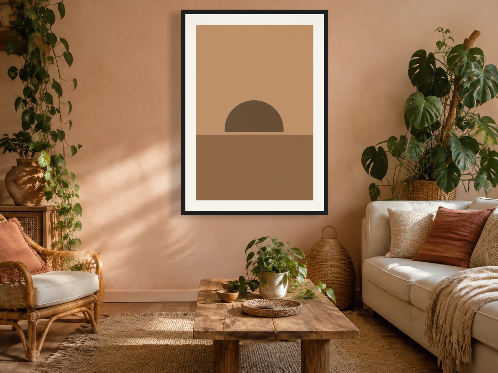 Boho Ochre No. 014, camel boho sun arc silhouette wall art print in a thin black frame, styled in a modern minimalist bedroom