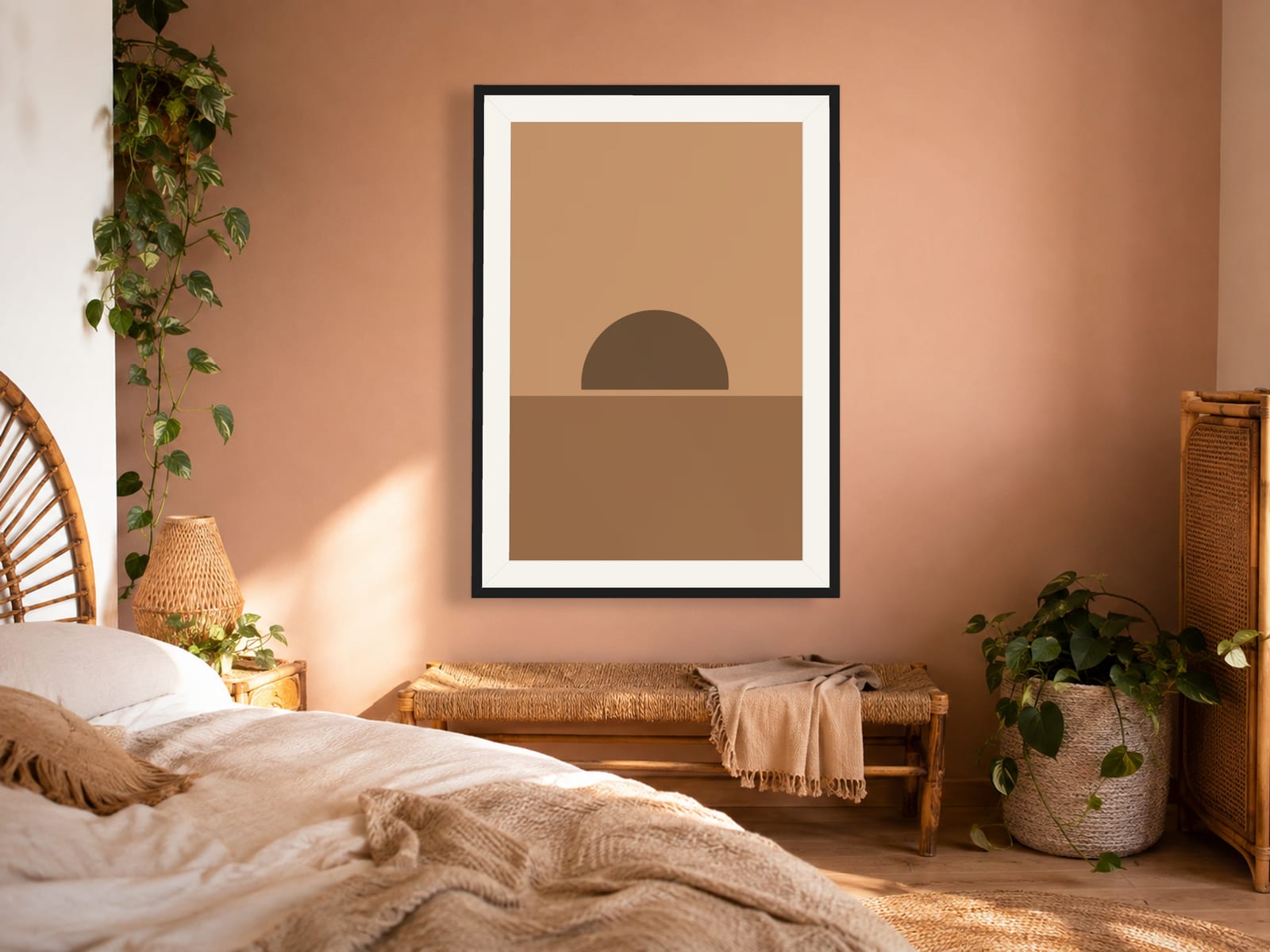 Boho Ochre No. 014, camel boho sun arc silhouette wall art print in a thin black frame, on a modern minimalist bedroom wall