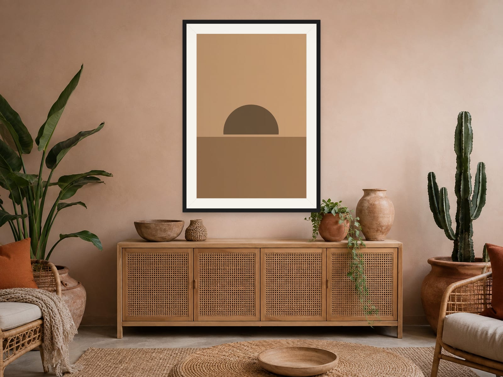 Boho Ochre No. 014, camel boho sun arc silhouette wall art print in a thin black frame, hanging in a modern minimalist bedroom