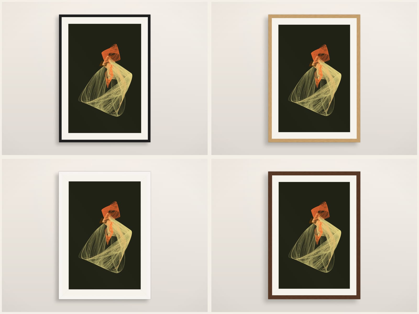 Sketches No. 009, pale chartreuse and burnt orange moody fractal flame wall art print, shown in four frame styles
