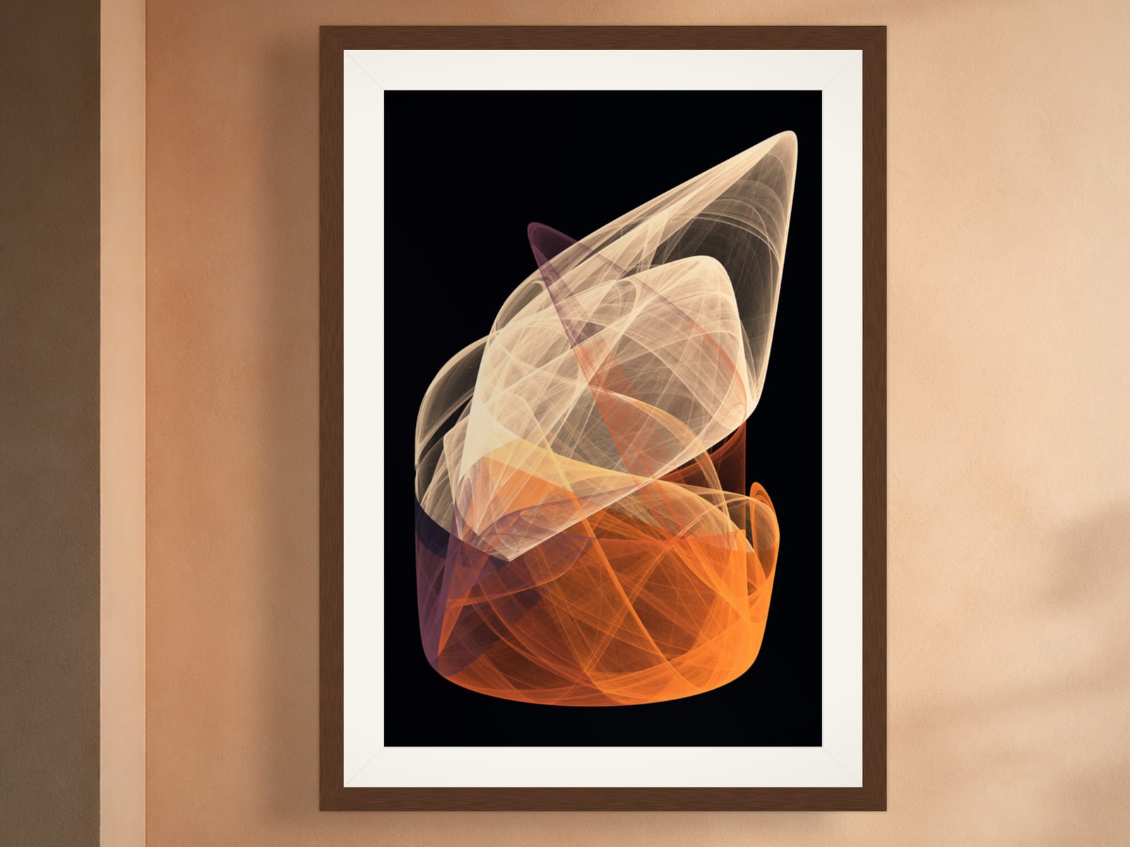 Sketches No. 031, orange and cream bold strange attractor wall art print on black, framed on a wall in a styled room