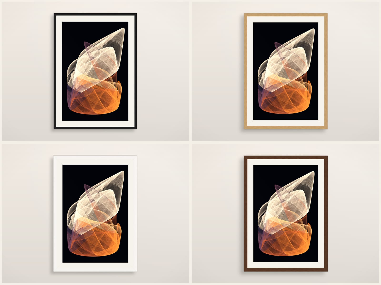 Sketches No. 031, orange and cream bold strange attractor wall art print on black, shown in four frame styles
