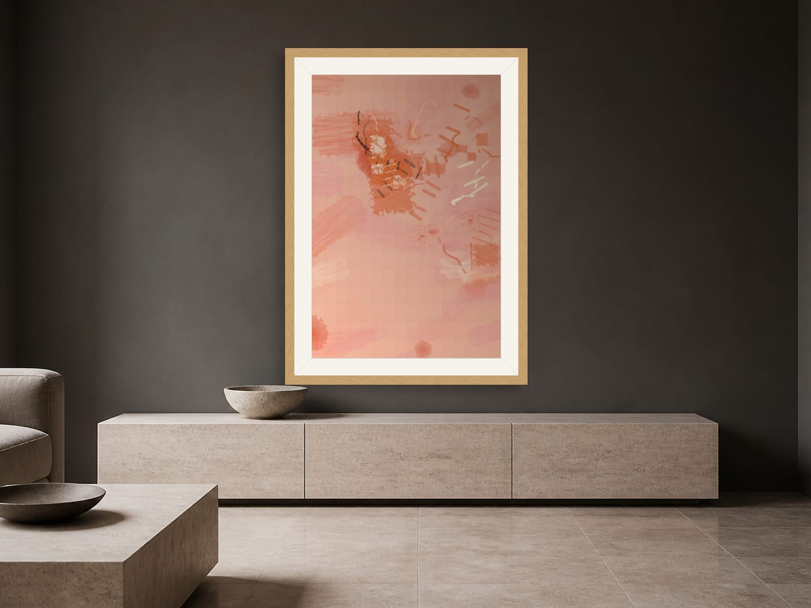 Sketches No. 039, terracotta and peach abstract painting wall art print, framed on a wall in a styled room