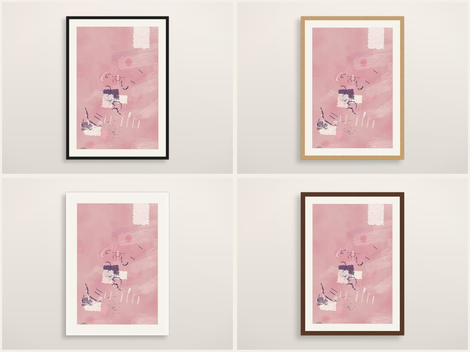 Sketches No. 047, dusty blush pink abstract painting wall art print with a deep plum accent, shown in four frame styles.